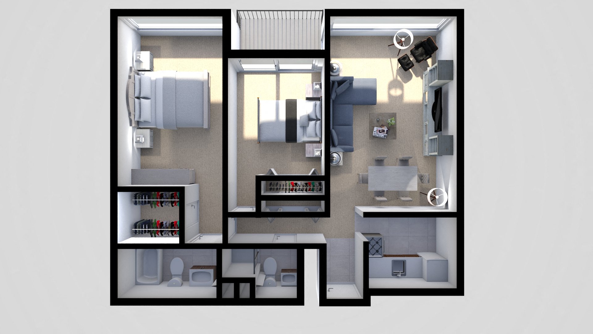 Floor plan for 2 beds, 2 baths, 1266 sqft